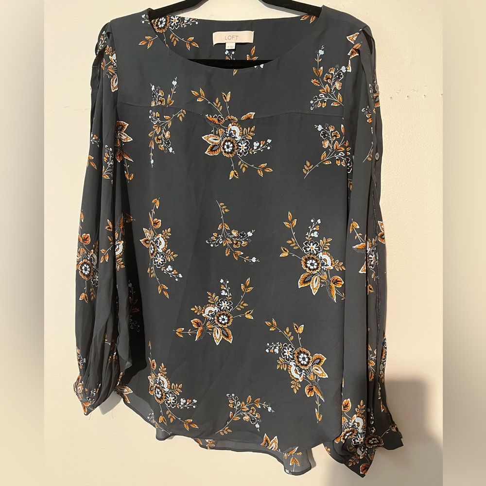 LOFT Women's Blouse - Black with Orange Floral Medium